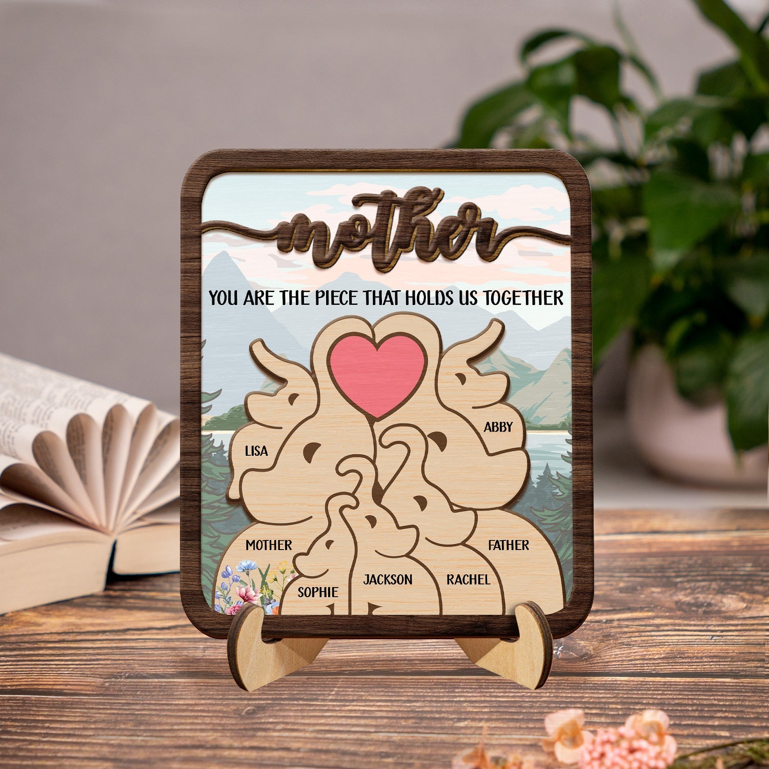 Elephant Mom You Are The Piece That Hold Us Together - Gift For Mothers - Personalized 2-Layered Wooden Plaque With Stand