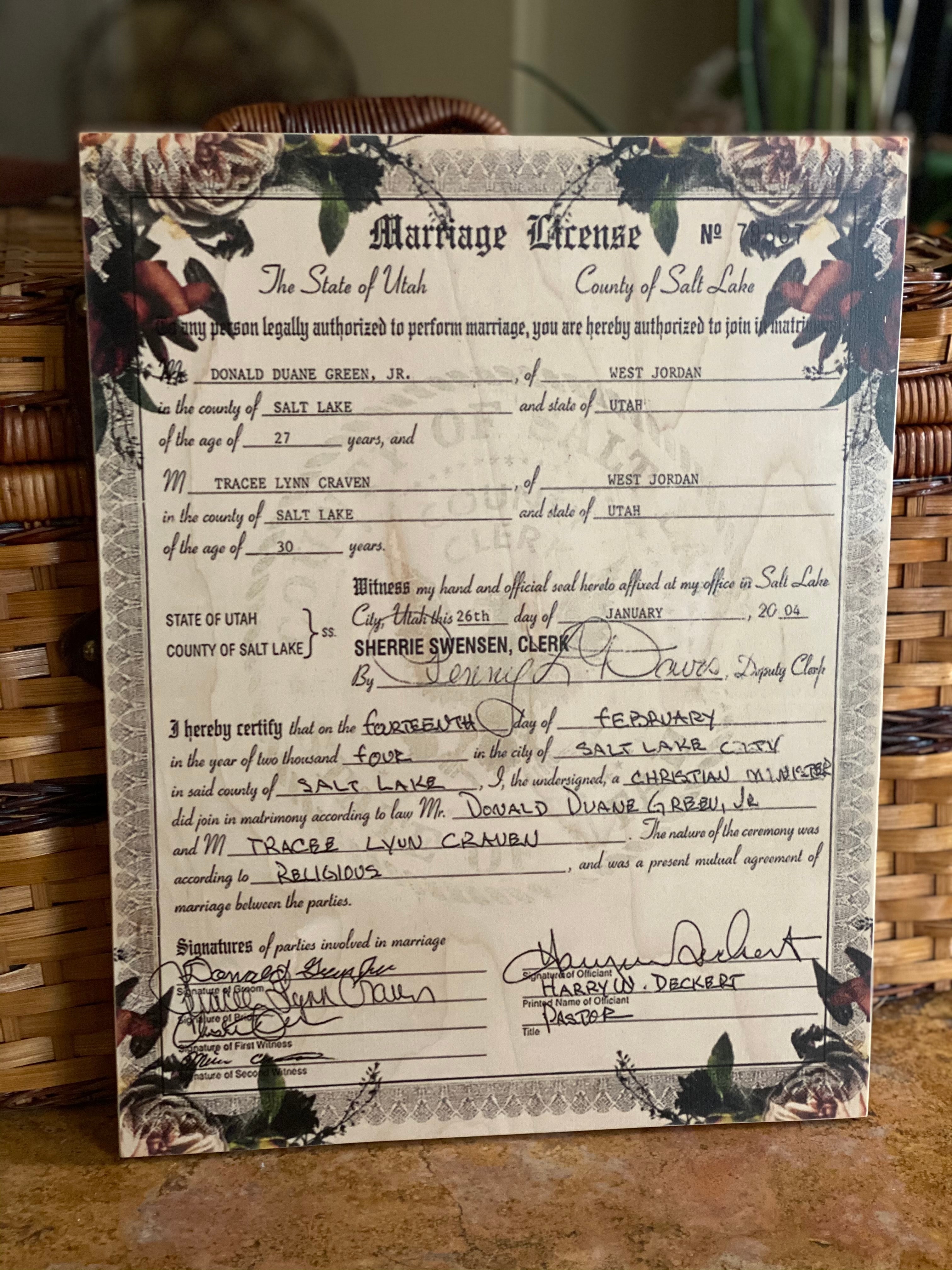 Marriage Certificates on wood