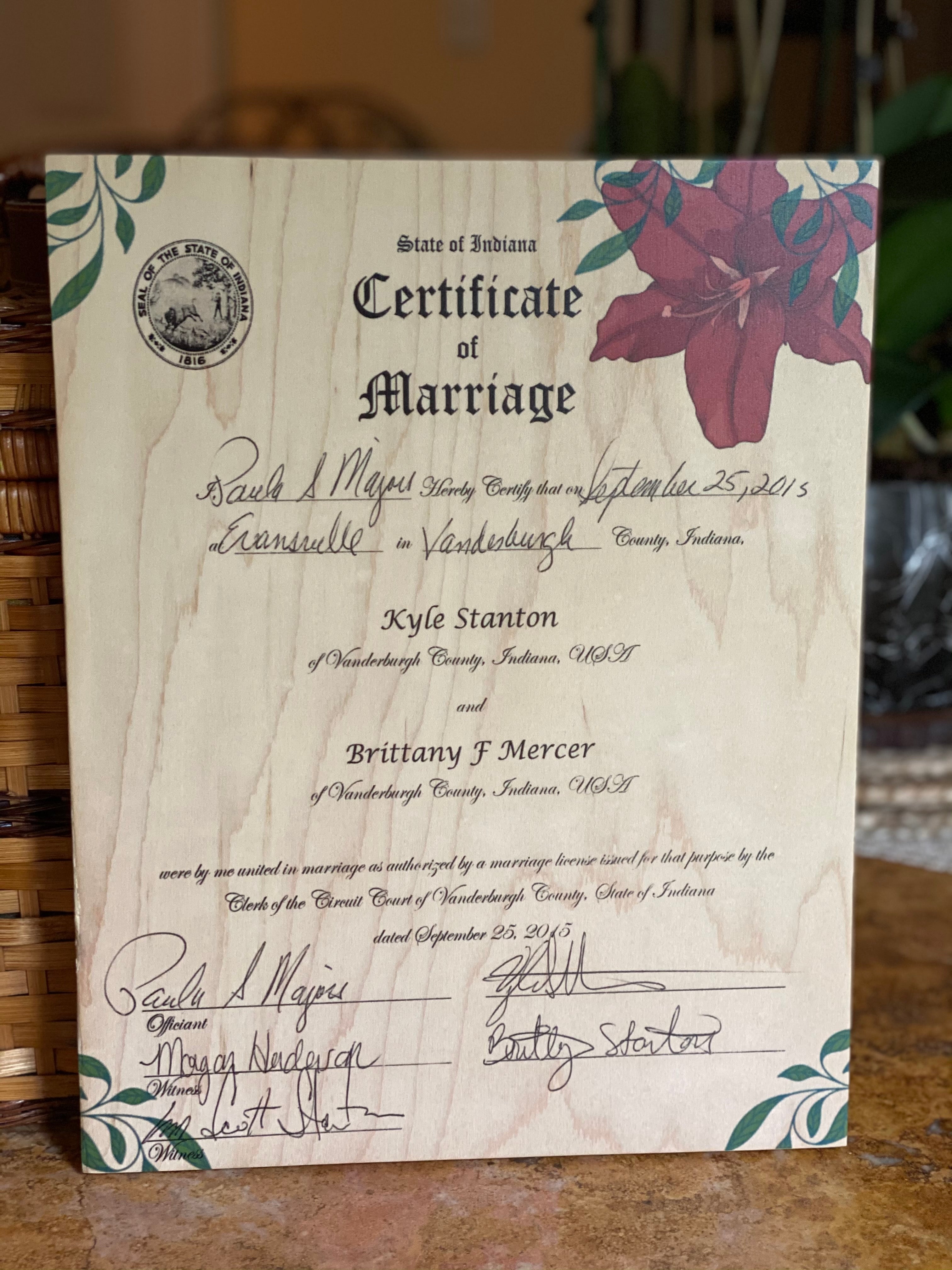 Marriage Certificates on wood