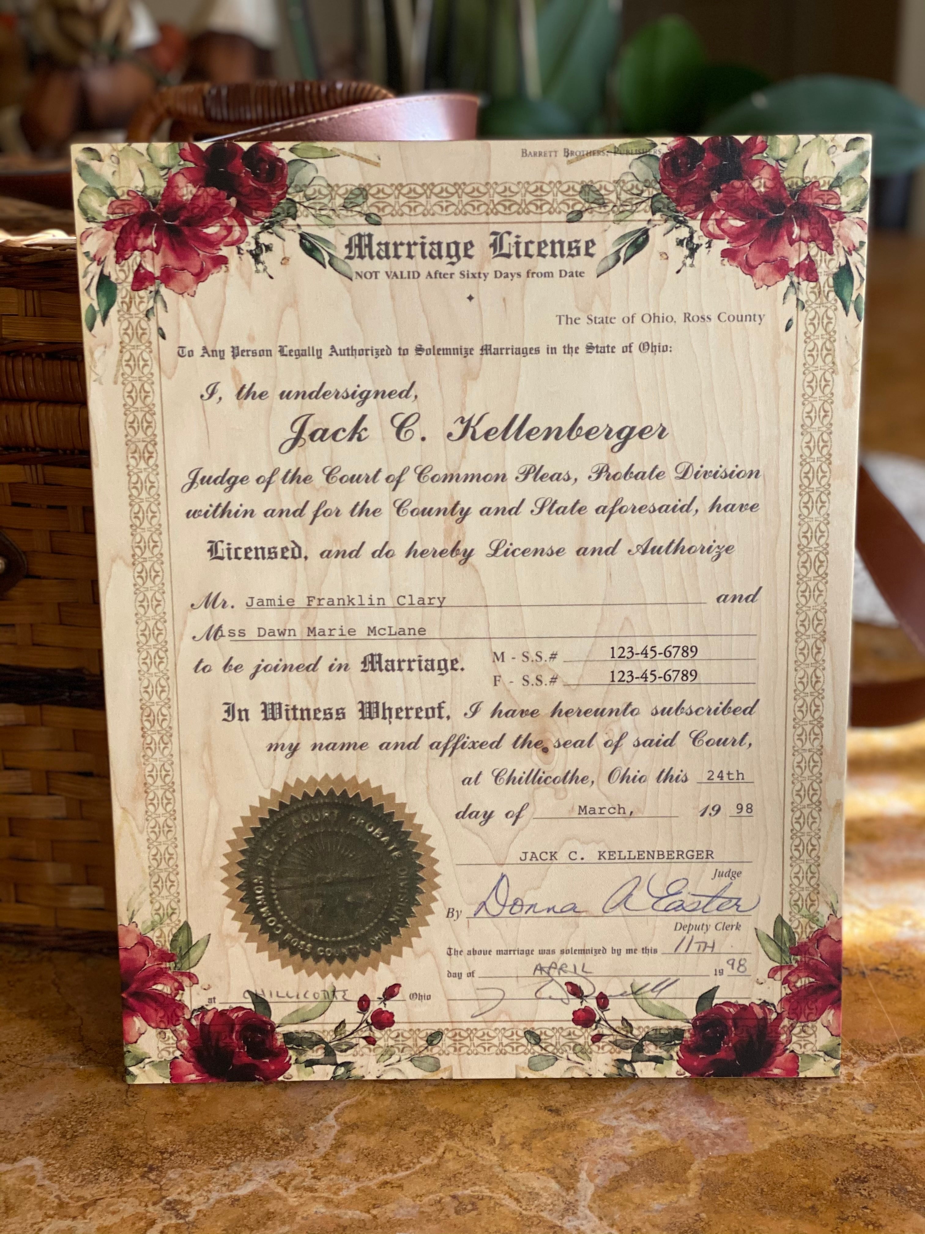 Marriage Certificates on wood