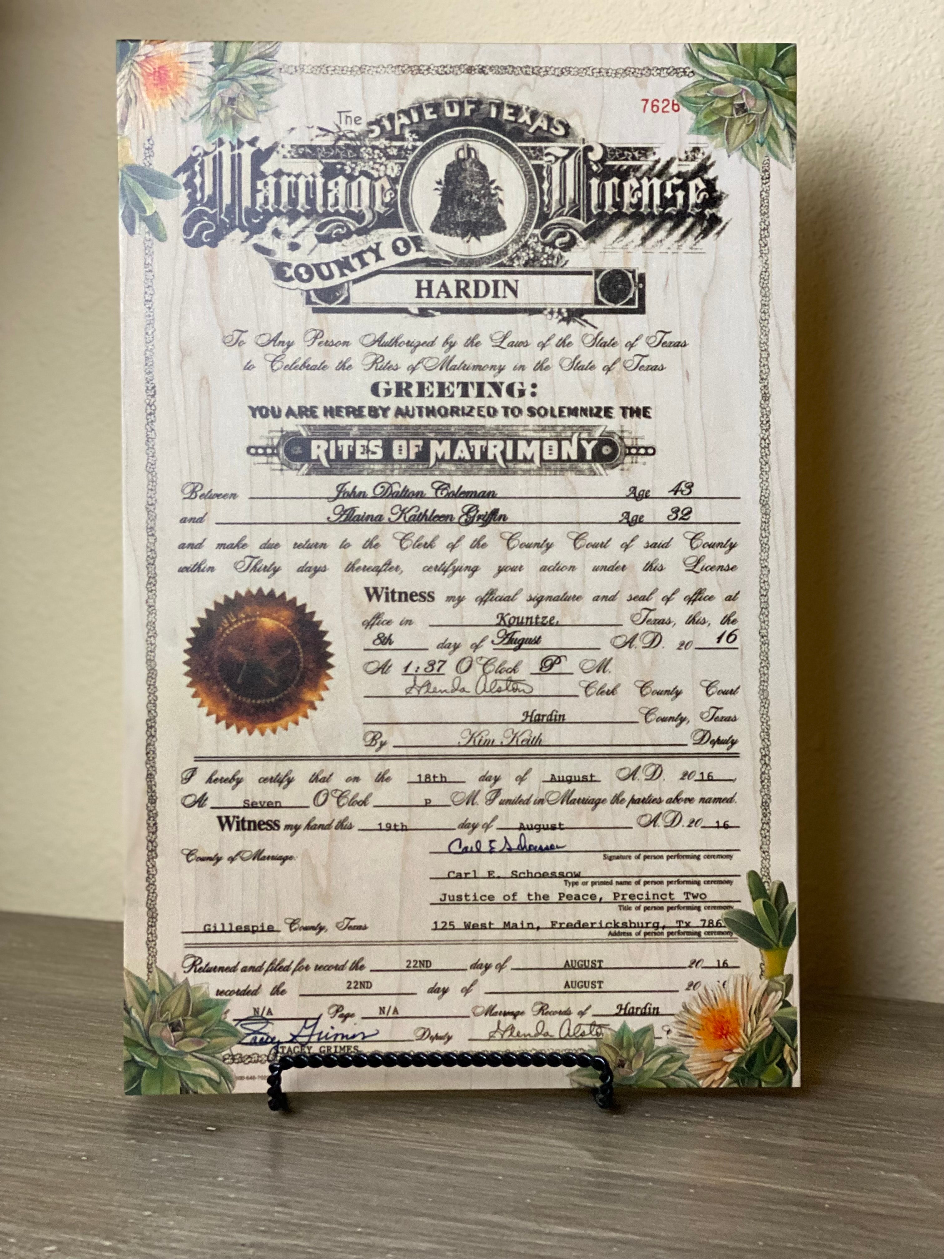 Marriage Certificates on wood