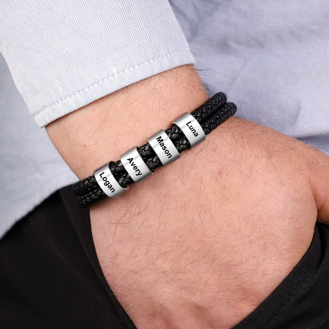 Personalized Mens Black Braid Bracelet with 1-8 Family Names