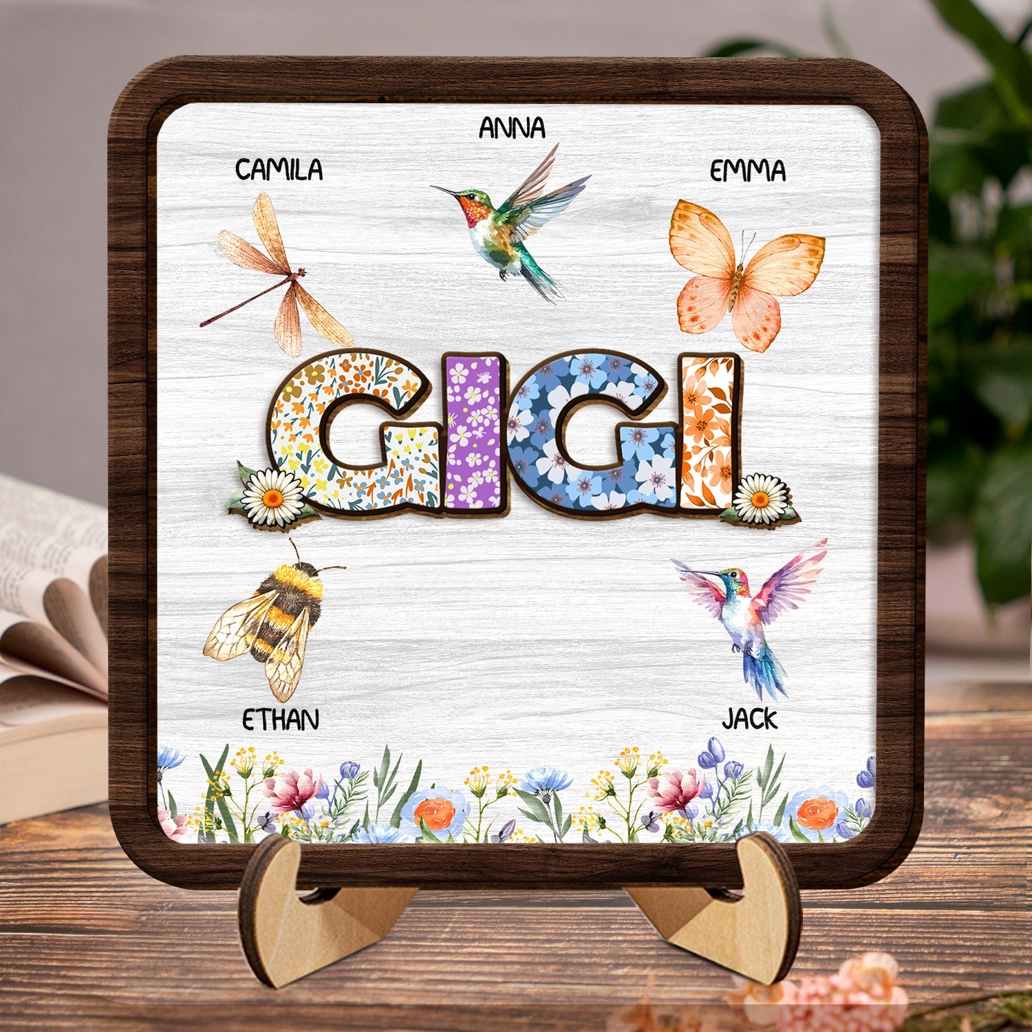 Flower Mom Nana - Gift For Mothers, Grandmas - Personalized 2-Layered Wooden Plaque With Stand