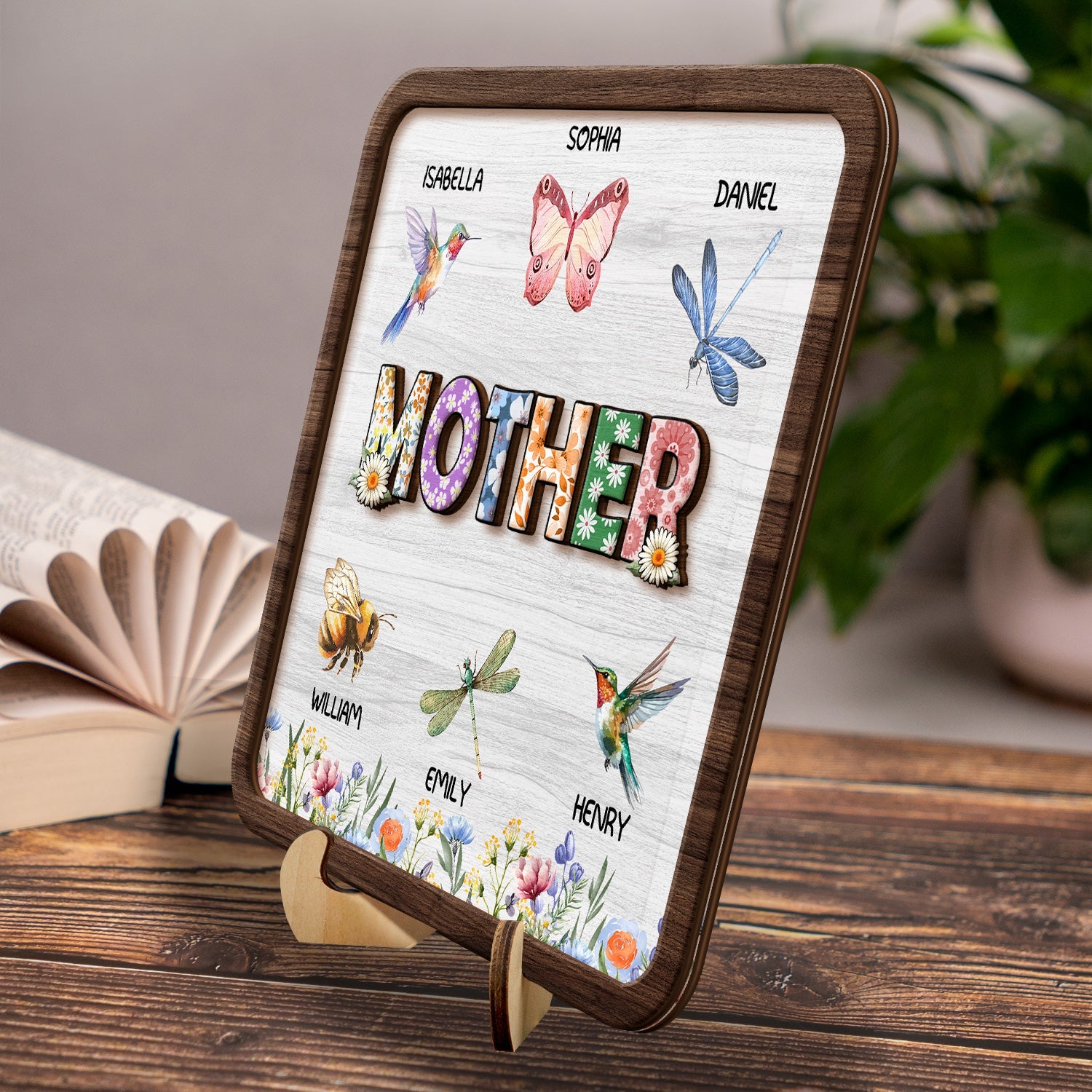 Flower Mom Nana - Gift For Mothers, Grandmas - Personalized 2-Layered Wooden Plaque With Stand