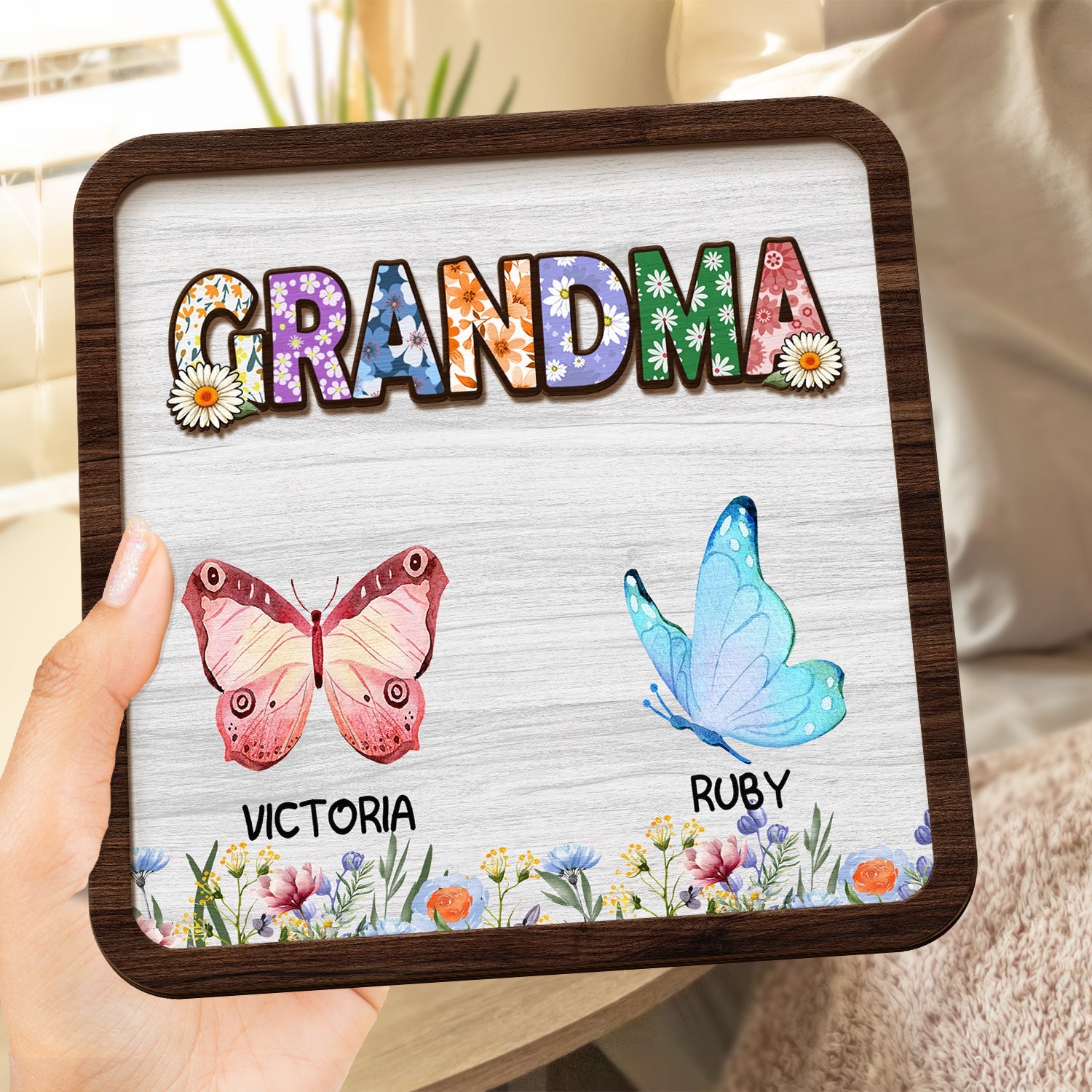 Flower Mom Nana - Gift For Mothers, Grandmas - Personalized 2-Layered Wooden Plaque With Stand