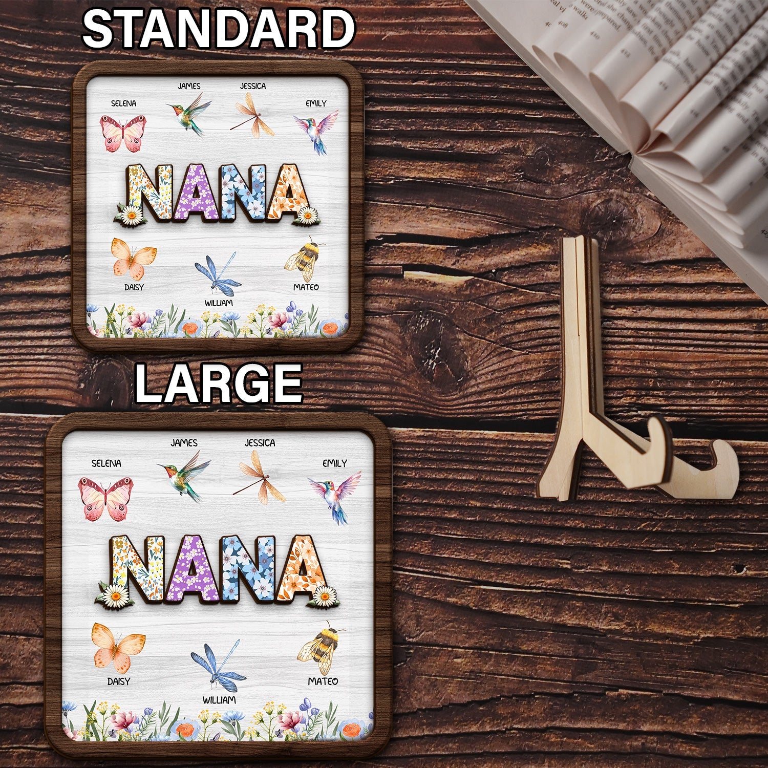 Flower Mom Nana - Gift For Mothers, Grandmas - Personalized 2-Layered Wooden Plaque With Stand