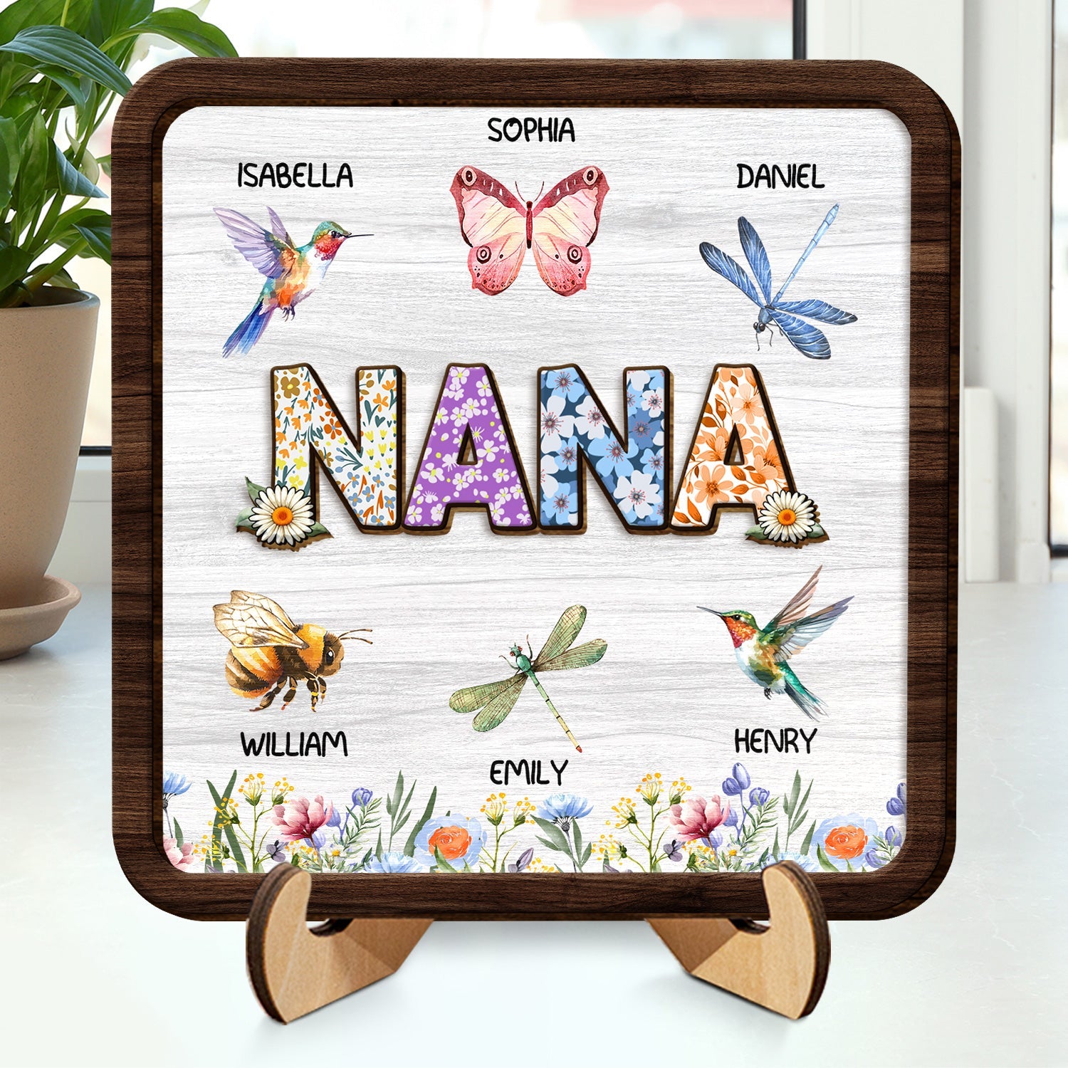 Flower Mom Nana - Gift For Mothers, Grandmas - Personalized 2-Layered Wooden Plaque With Stand