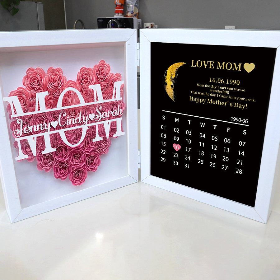 (Mom&Grandmom With Name) With REAL MOON PHASE Anniversary Calendar Custom flower frame (Customized free)
