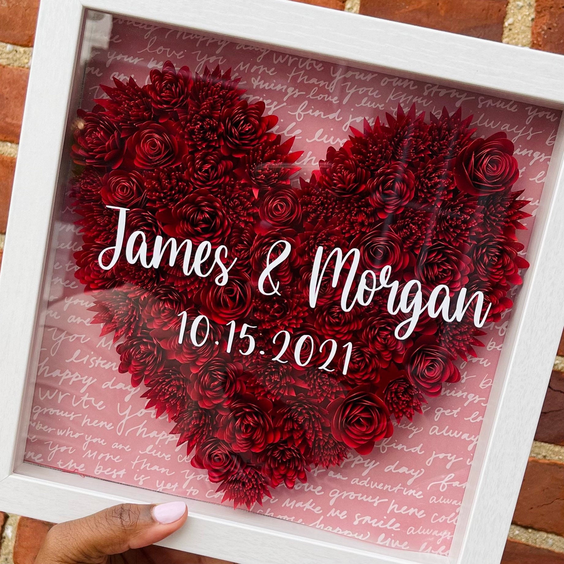 Personalized Dates & Names Heart Shape Purple Pink Red Bule Monochrome Roses Shadow Box for Valentine's Day