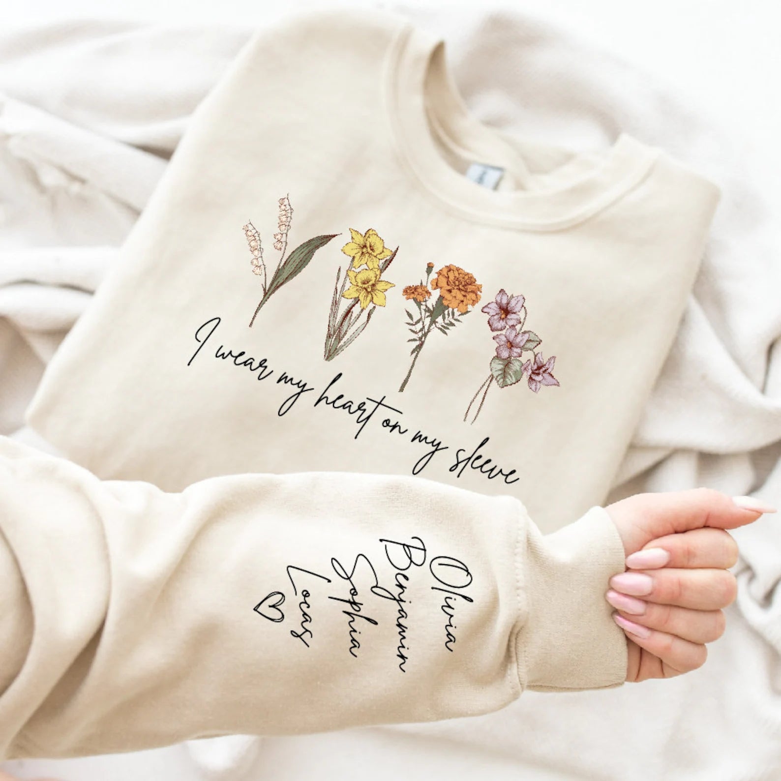 I Wear My Heart On My Sleeve Personalized Names Birthflower Hoodie/Sweatshirt