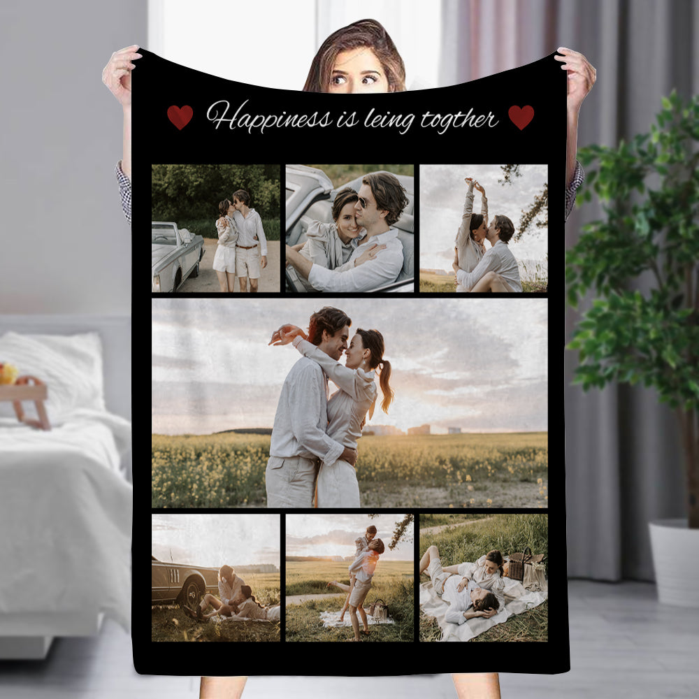 Personalized 7 Photos Blankets Fleece Throw Couple Blanket