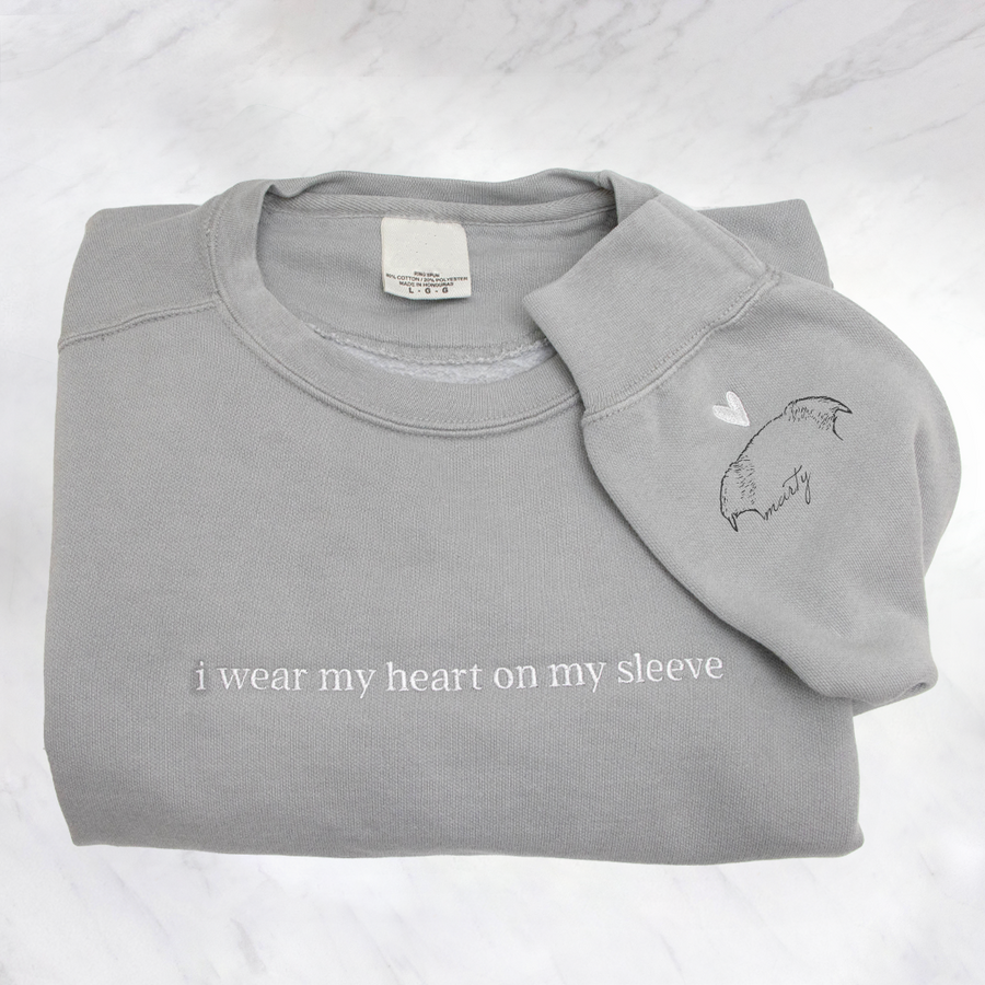 🔥Hot Sale🔥Personalized Heart On My Sleeve Embroidered Crewneck With Dog Cat Ears Any Pet Ears Gift For Pet Lover