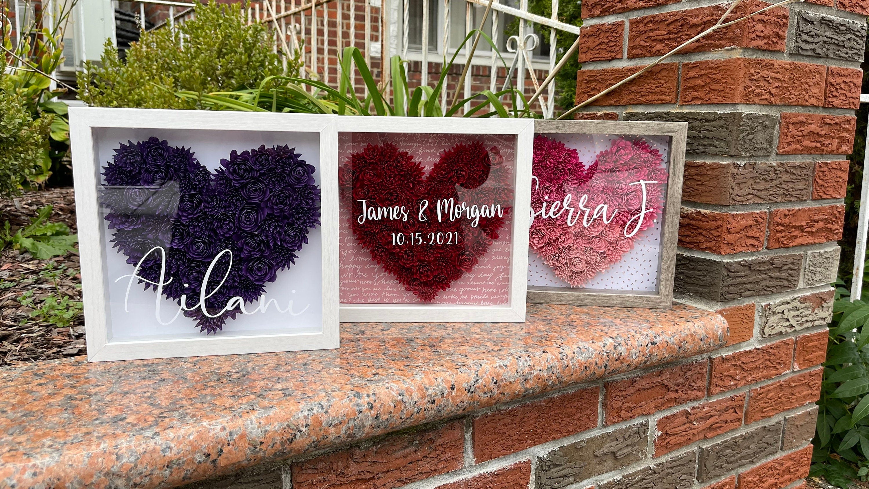 Personalized Dates & Names Heart Shape Purple Pink Red Bule Monochrome Roses Shadow Box for Valentine's Day