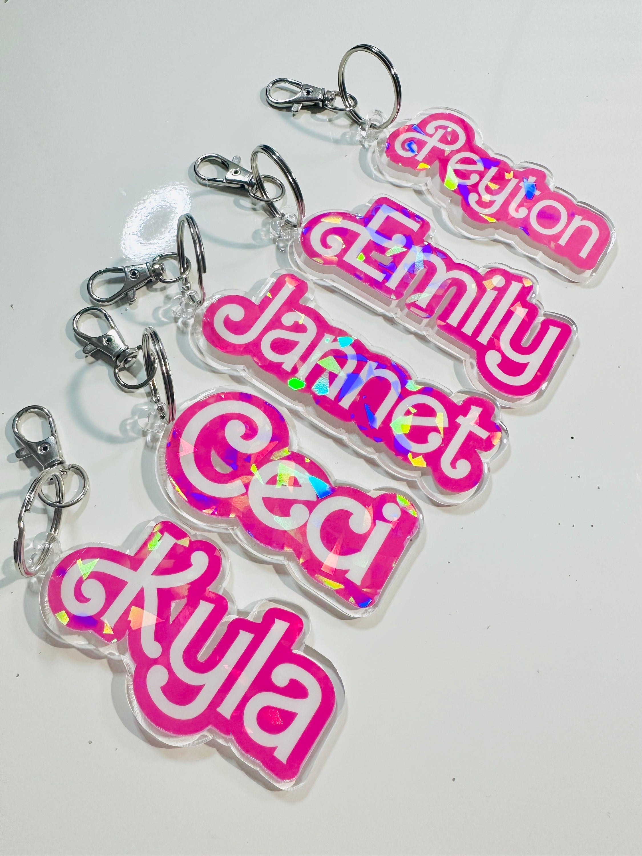 Custom Pink Name Acrylic Keychain, Let's go Party, Custom Name Keychain