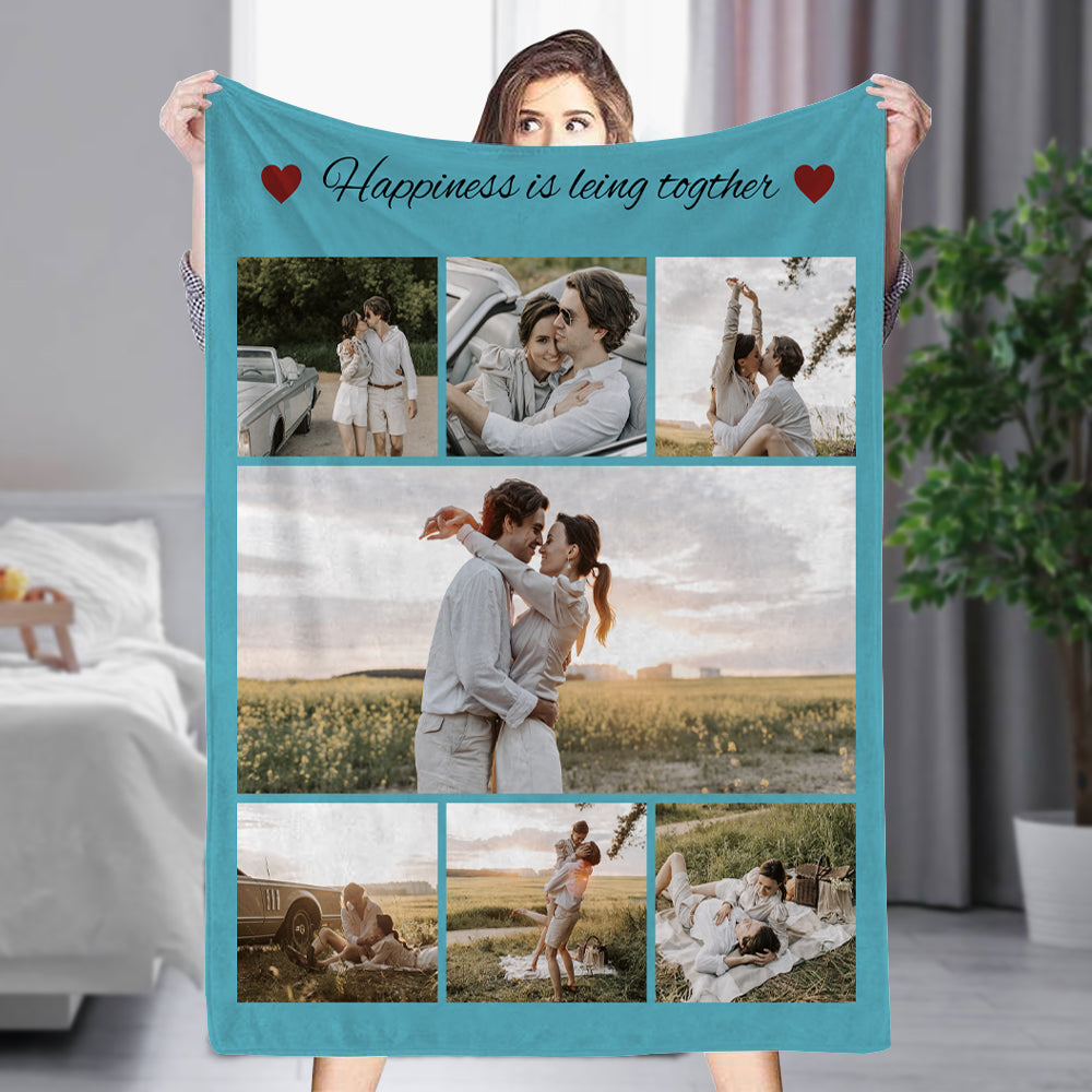 Personalized 7 Photos Blankets Fleece Throw Couple Blanket