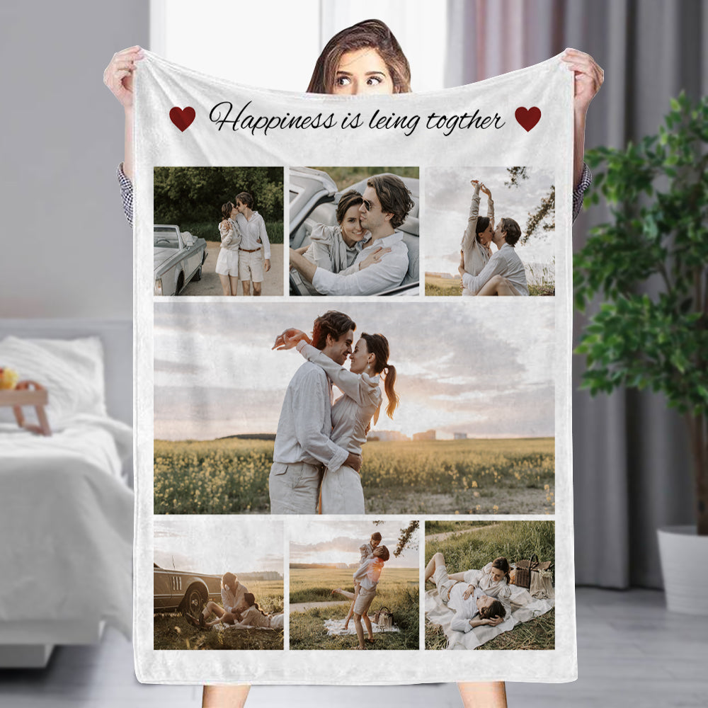 Personalized 7 Photos Blankets Fleece Throw Couple Blanket