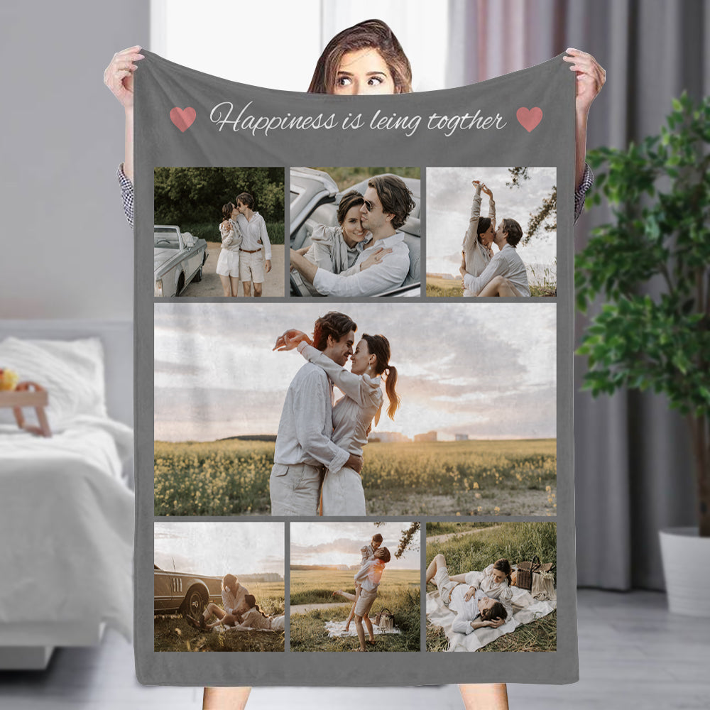 Personalized 7 Photos Blankets Fleece Throw Couple Blanket