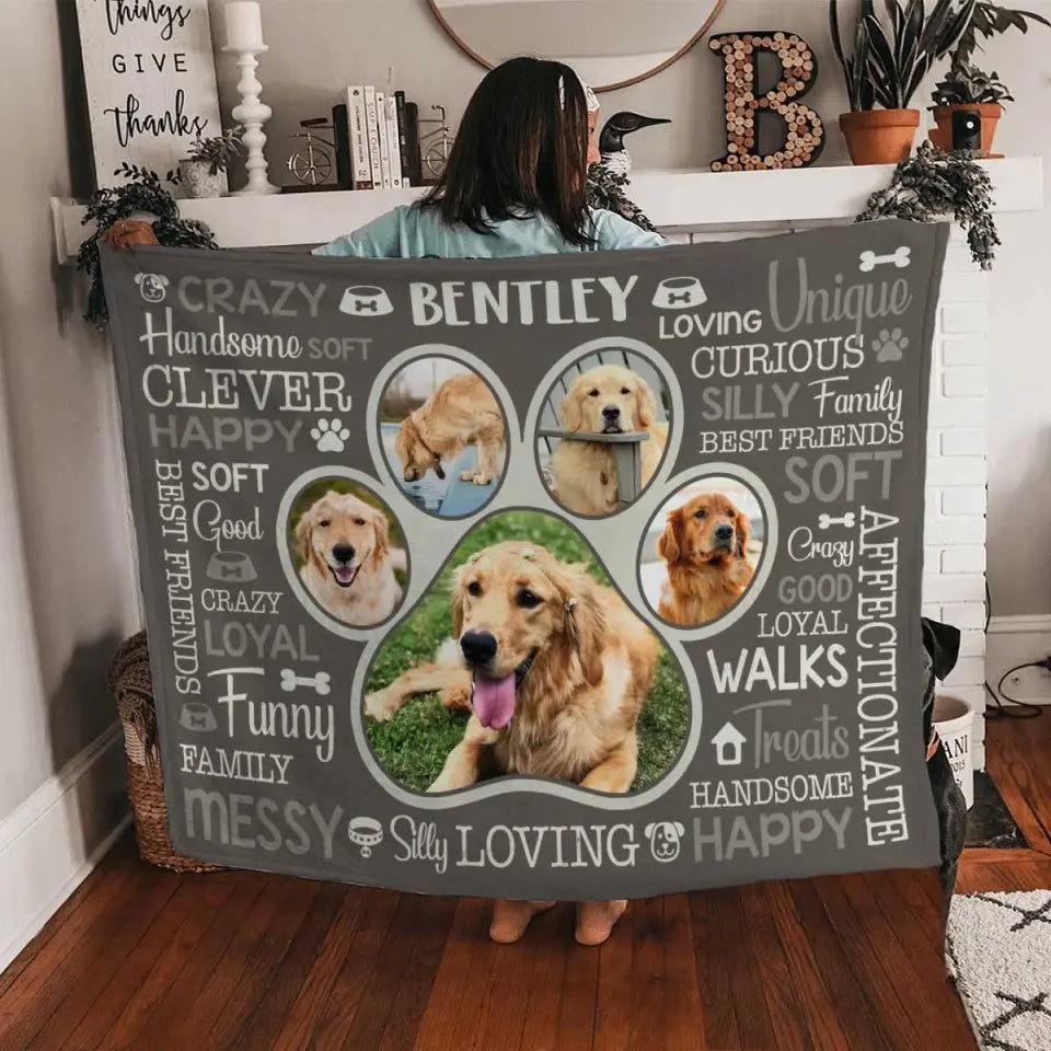 Custom Paw Print Photo Collage Blanket, Personalized Pet Photo Gifts, Picture Of Your Dog Gifts