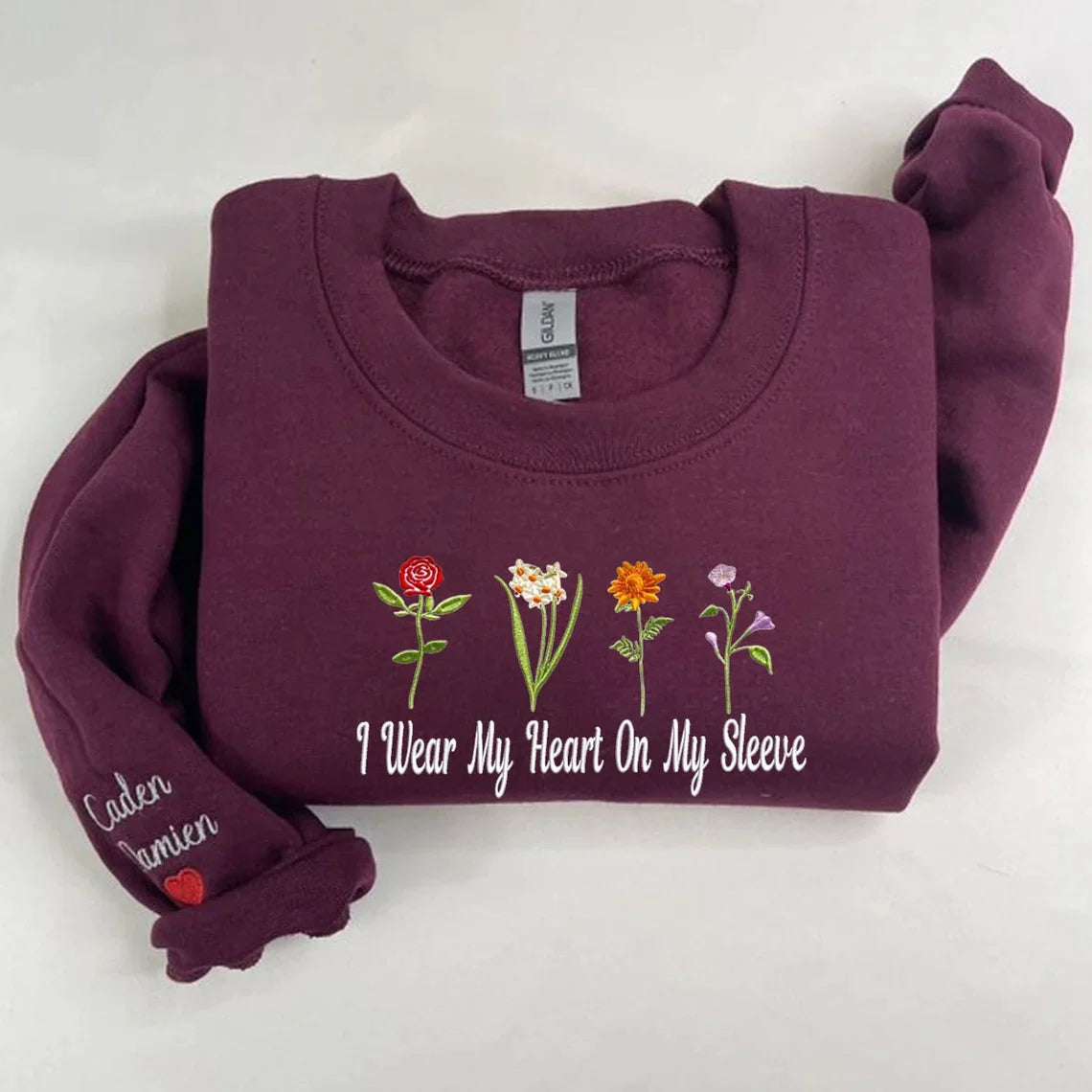 I Wear My Heart On My Sleeve Sweatshirt, Custom Embroidered Birth Month Flower Sweatshirt, Personalized Kids Names on Sleeve, Mom's Garden