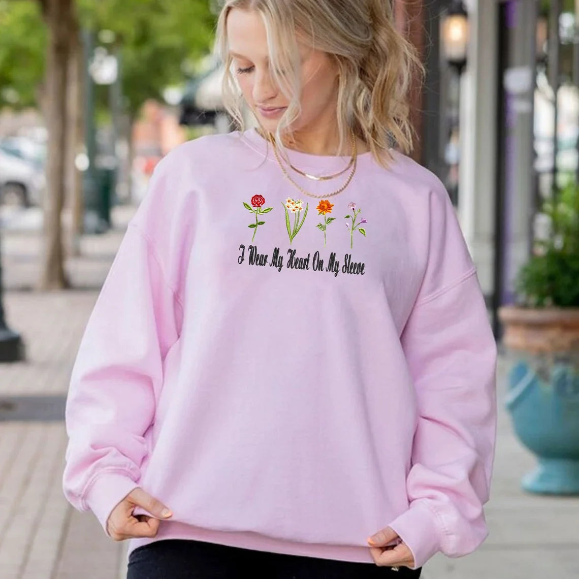 I Wear My Heart On My Sleeve Sweatshirt, Custom Embroidered Birth Month Flower Sweatshirt, Personalized Kids Names on Sleeve, Mom's Garden