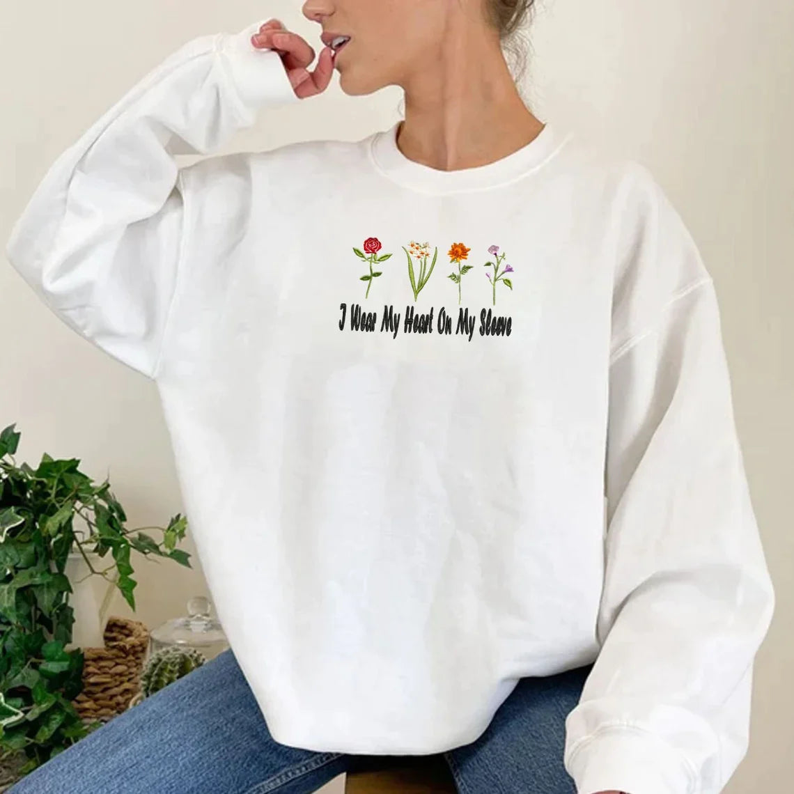 I Wear My Heart On My Sleeve Sweatshirt, Custom Embroidered Birth Month Flower Sweatshirt, Personalized Kids Names on Sleeve, Mom's Garden