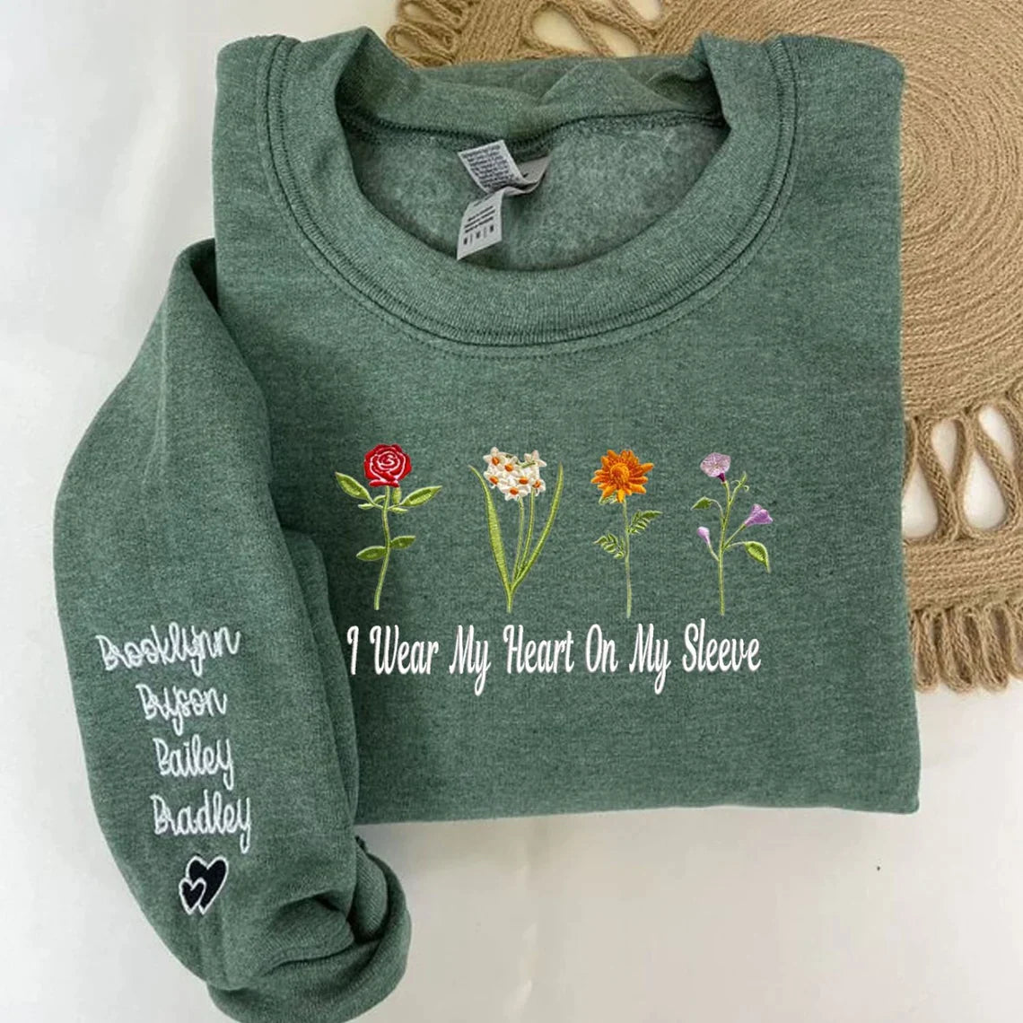 I Wear My Heart On My Sleeve Sweatshirt, Custom Embroidered Birth Month Flower Sweatshirt, Personalized Kids Names on Sleeve, Mom's Garden