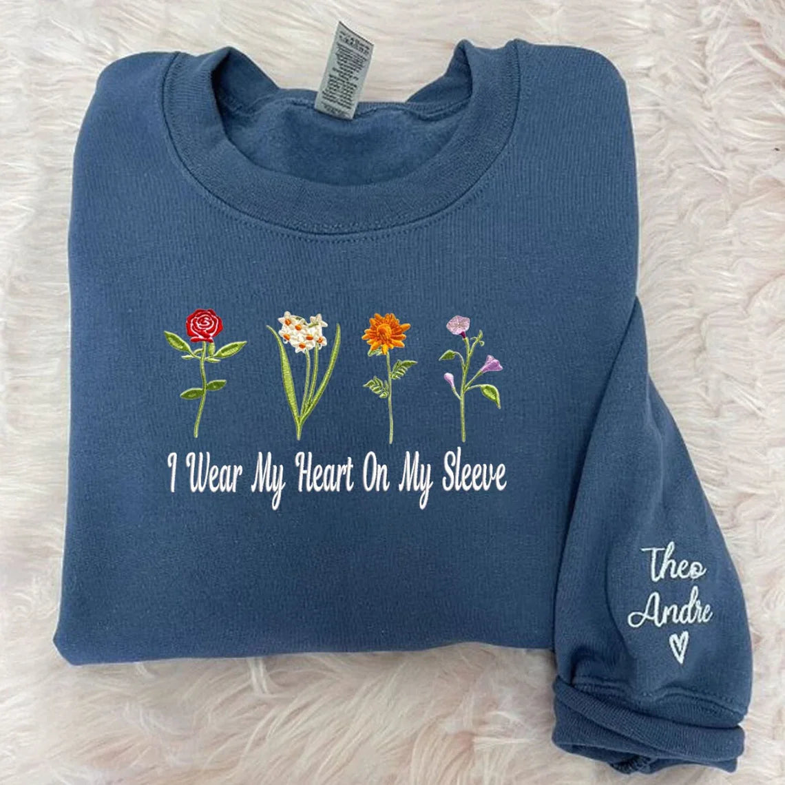 I Wear My Heart On My Sleeve Sweatshirt, Custom Embroidered Birth Month Flower Sweatshirt, Personalized Kids Names on Sleeve, Mom's Garden