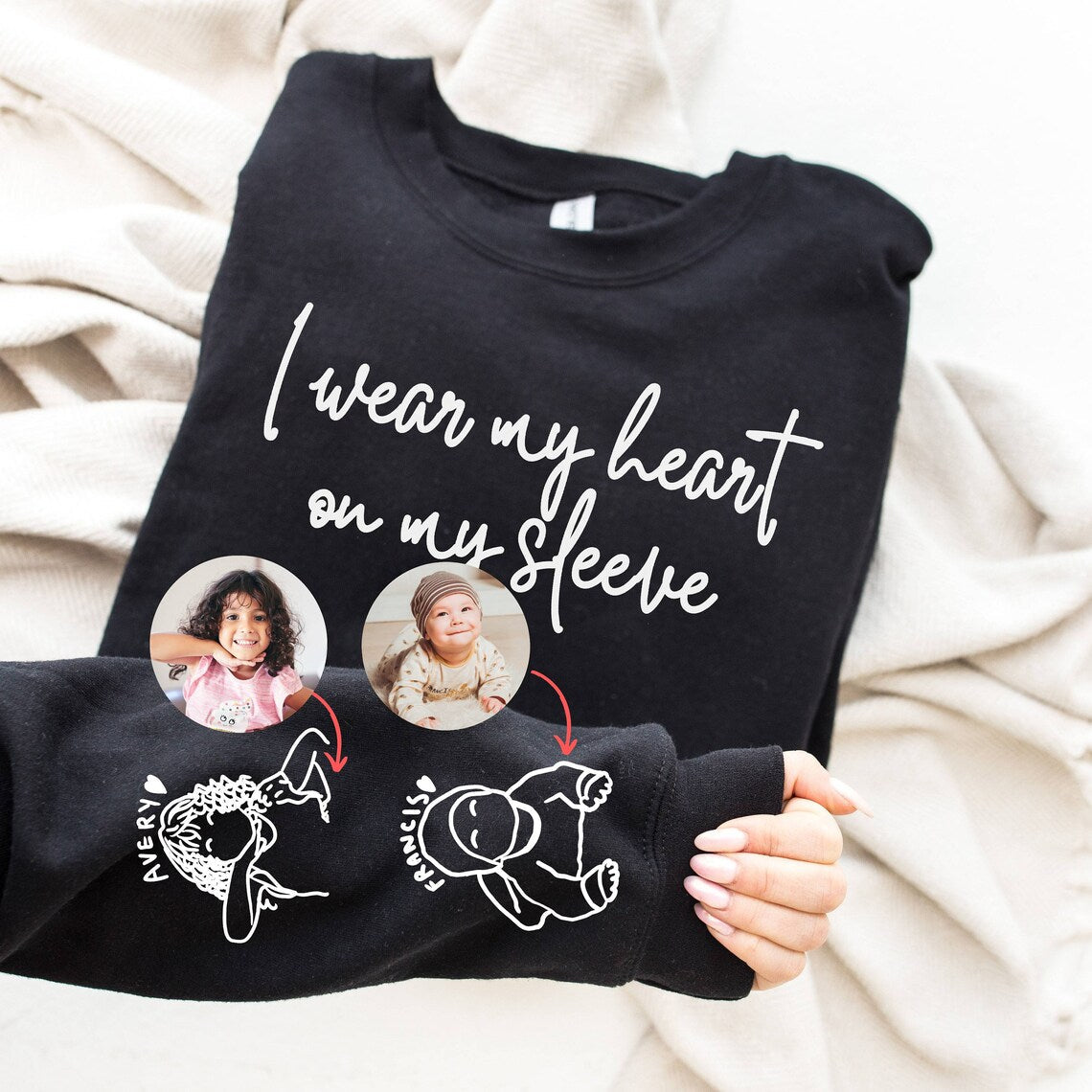 I Wear My Heart On My Sleeve Sweatshirt or Hoodie: A Custom Mama Sweatshirt with Children Portrait & Name on Sleeve, Mother's Day Mom Gift