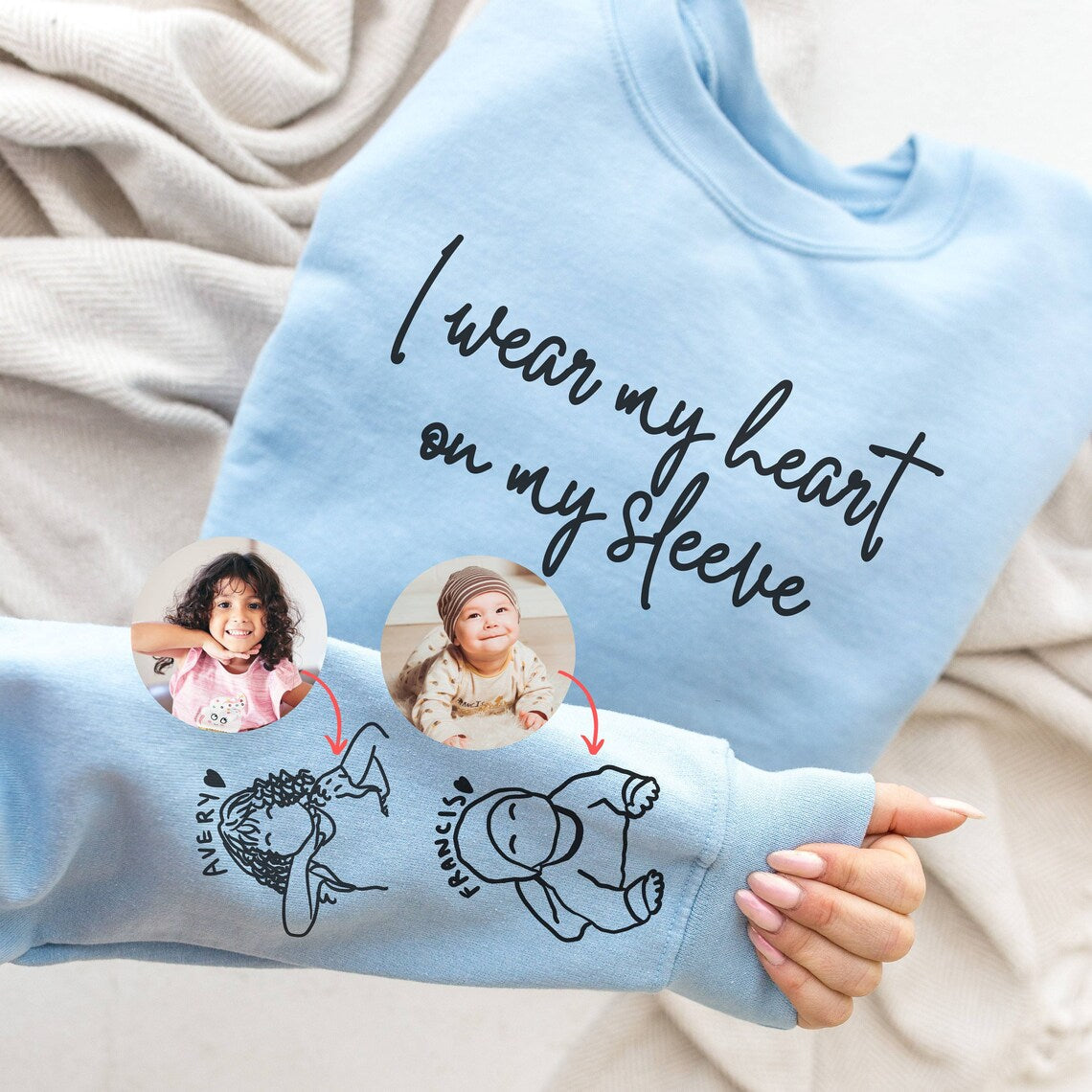 I Wear My Heart On My Sleeve Sweatshirt or Hoodie: A Custom Mama Sweatshirt with Children Portrait & Name on Sleeve, Mother's Day Mom Gift