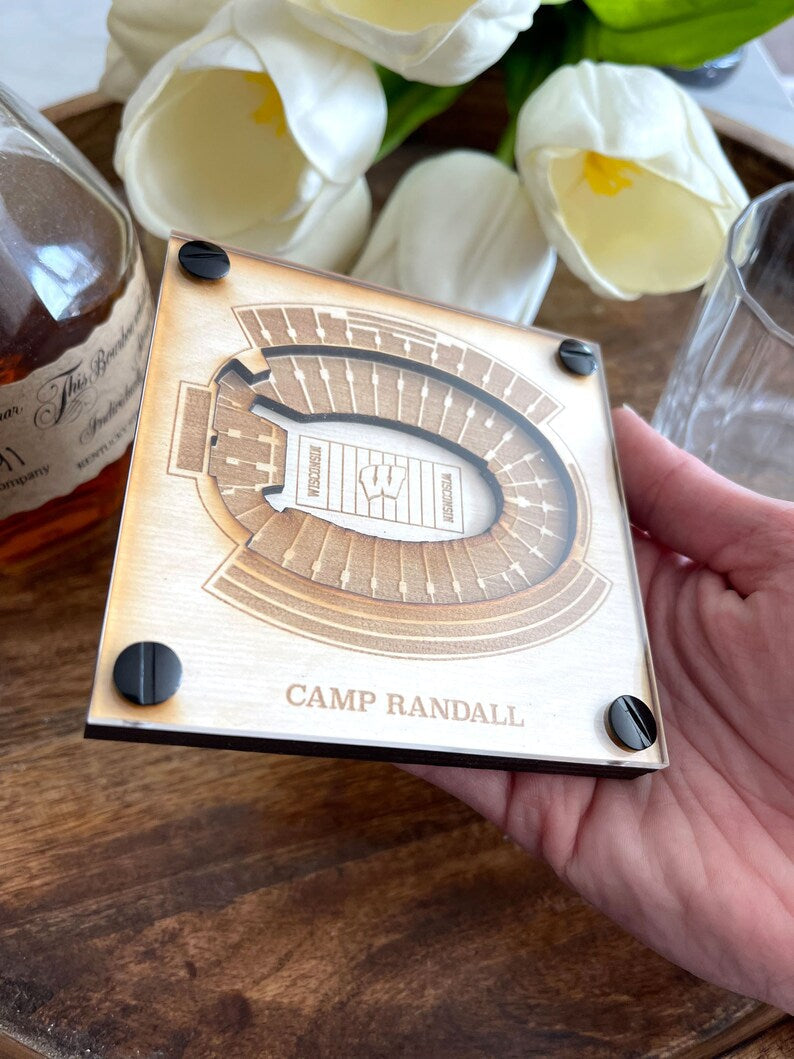 Camp Randall Layered Coaster, 3D Wood Coaster, Sports, College Football Fan, Home Bar, Custom Gift, Personalized Sports Gift