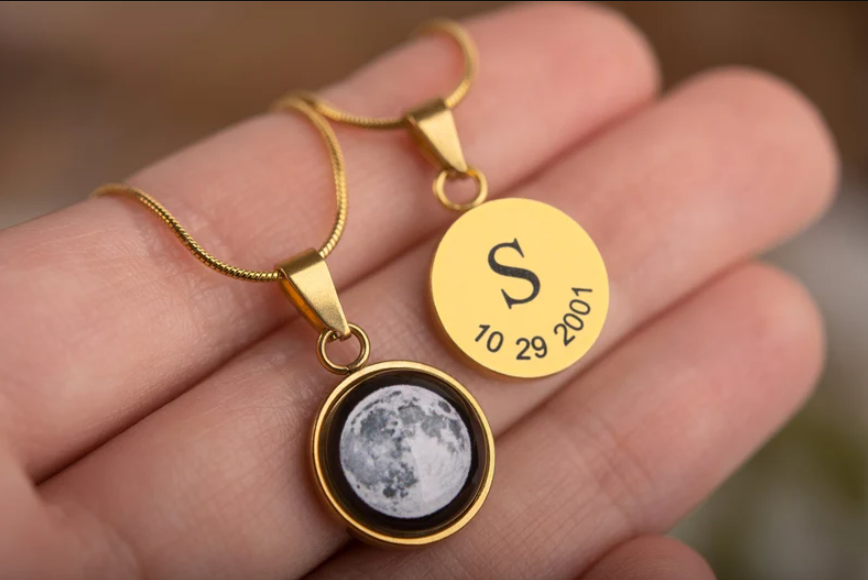 Custom Moon Phase Engraved Back Necklace - For Memory Gift