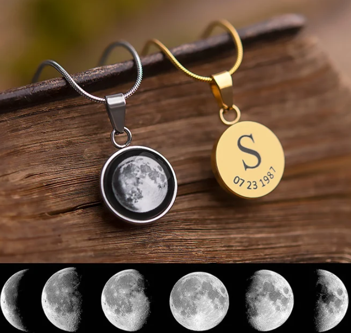 Custom Moon Phase Engraved Back Necklace - For Memory Gift