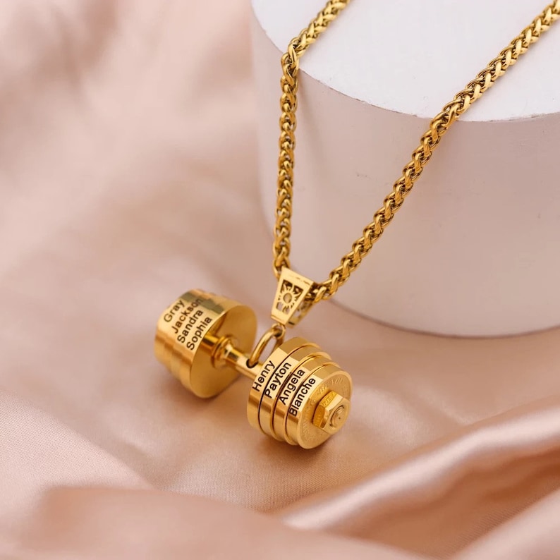 Necklace Dumbbell Personalized Name, Gym Jewelry