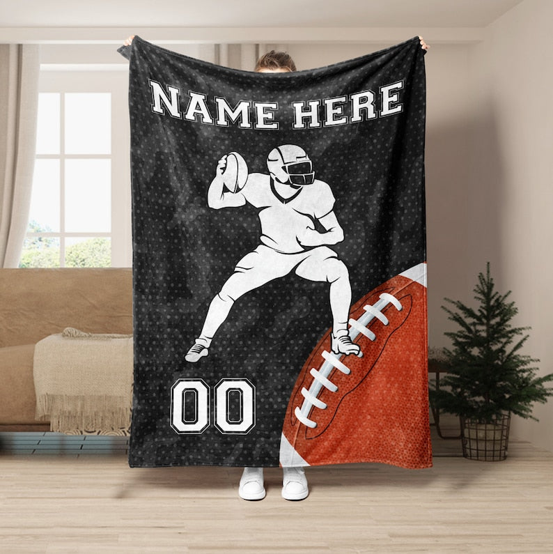 Personalized Football Blanket, Football Player Soft Cozy Sherpa Fleece Throw Blankets, Custom Football Gift for Dad, Husband, Boyfriend, Son