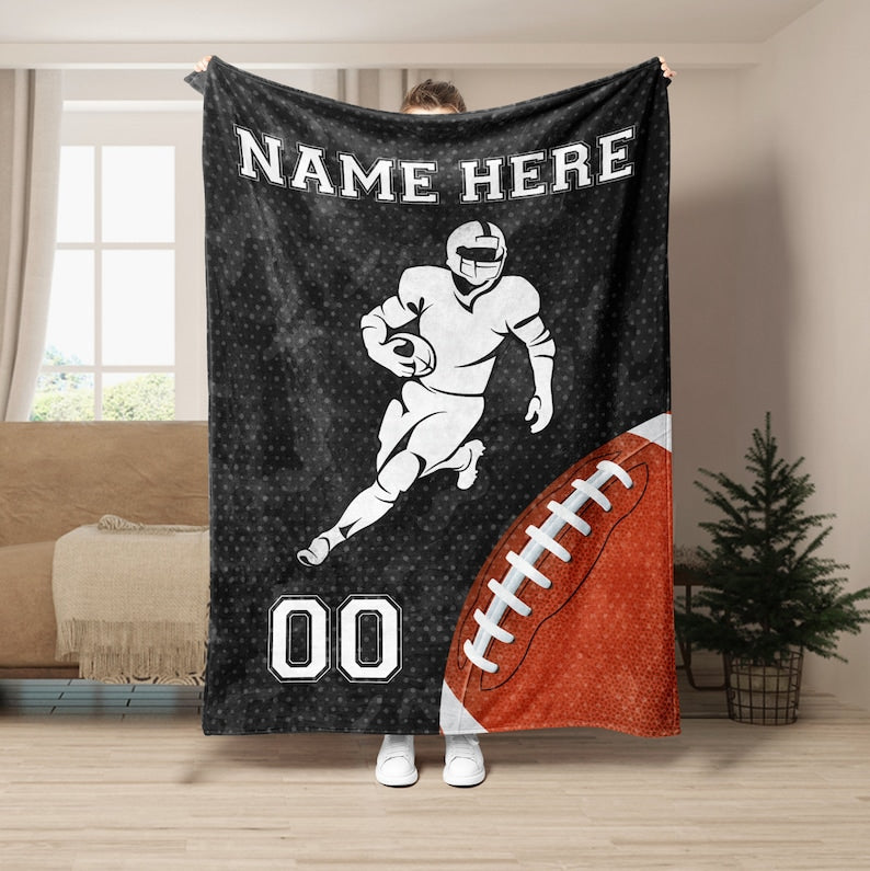 Personalized Football Blanket, Football Player Soft Cozy Sherpa Fleece Throw Blankets, Custom Football Gift for Dad, Husband, Boyfriend, Son