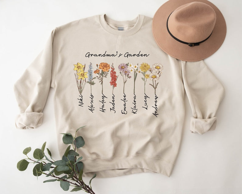 Grandma's Garden Sweatshirt, Custom Birthflower Sweatshirt, Gift for Grandma, Love Grows Here, Mom's Garden