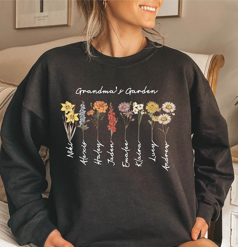 Grandma's Garden Sweatshirt, Custom Birthflower Sweatshirt, Gift for Grandma, Love Grows Here, Mom's Garden