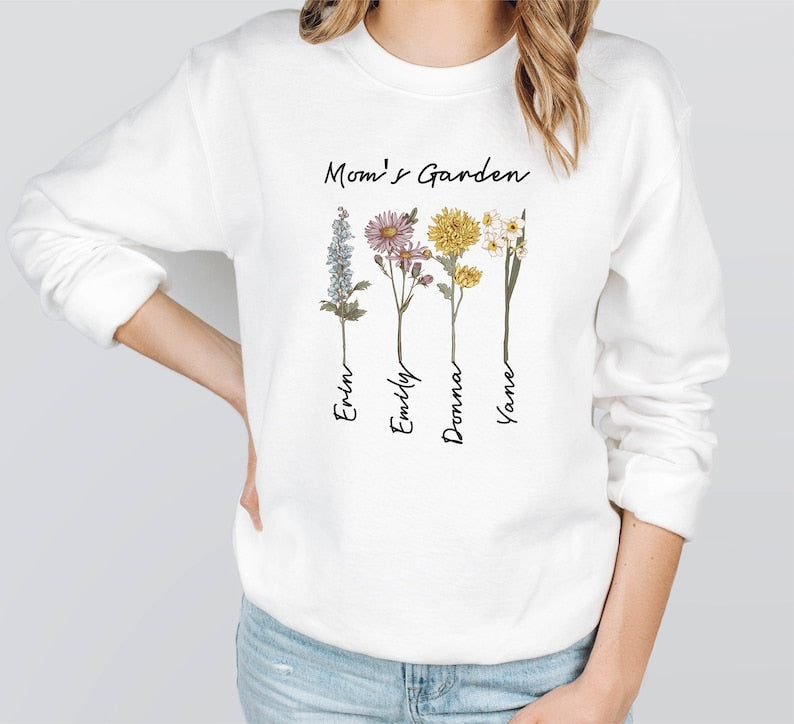 Grandma's Garden Sweatshirt, Custom Birthflower Sweatshirt, Gift for Grandma, Love Grows Here, Mom's Garden