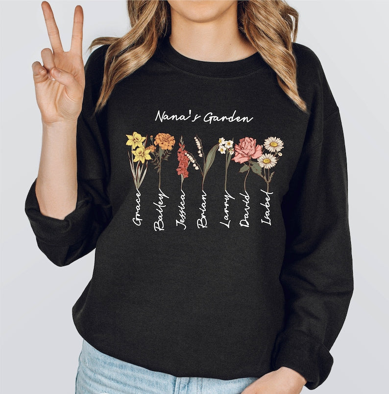 Grandma's Garden Sweatshirt, Custom Birthflower Sweatshirt, Gift for Grandma, Love Grows Here, Mom's Garden