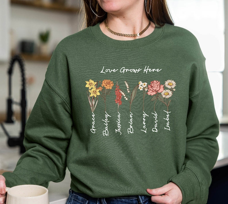 Grandma's Garden Sweatshirt, Custom Birthflower Sweatshirt, Gift for Grandma, Love Grows Here, Mom's Garden