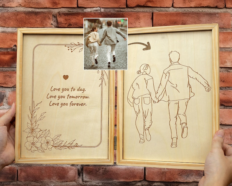 Custom Portrait Engraved on Wood, Custom Couple Portrait, Custom Line Drawing for Valentine's Day