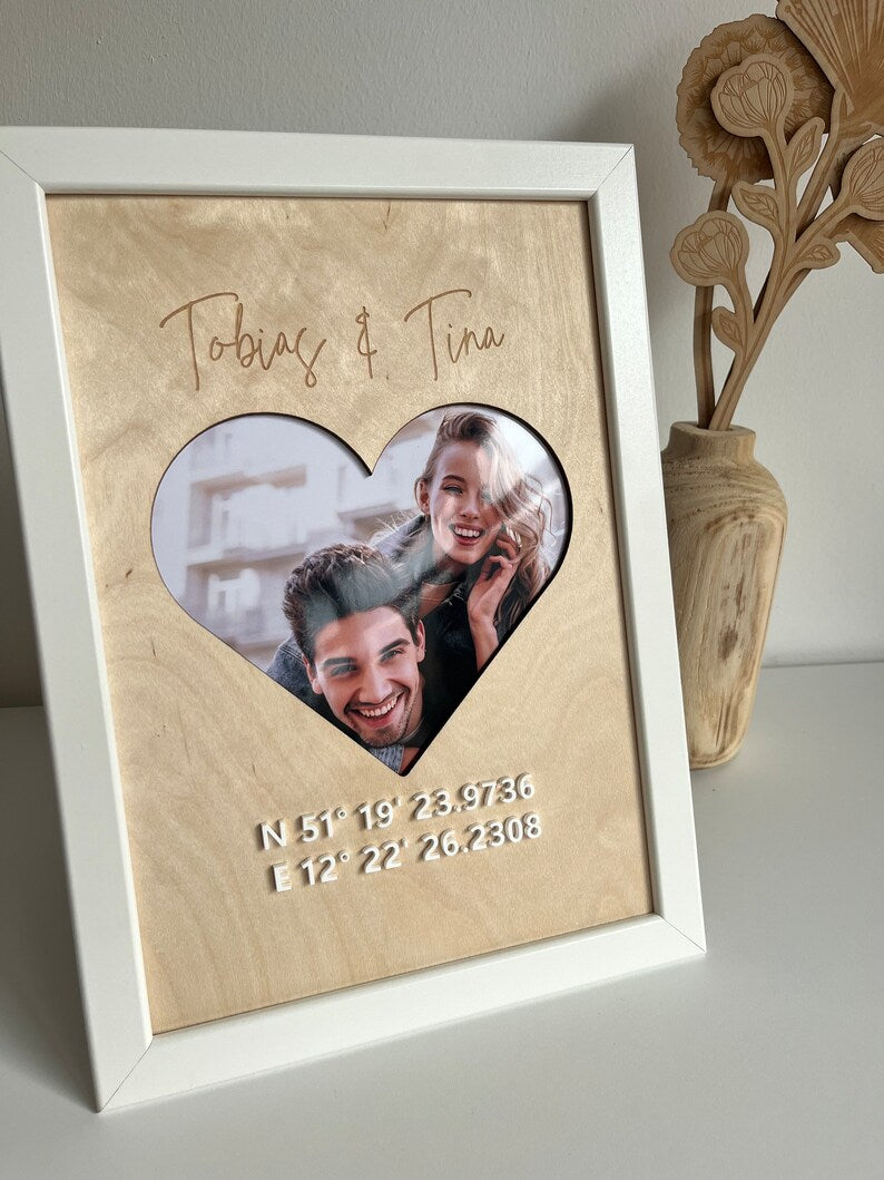 From the heart: picture with coordinates made of wood for a couple photo and - Valentine's Day