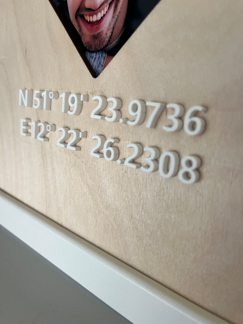 From the heart: picture with coordinates made of wood for a couple photo and - Valentine's Day