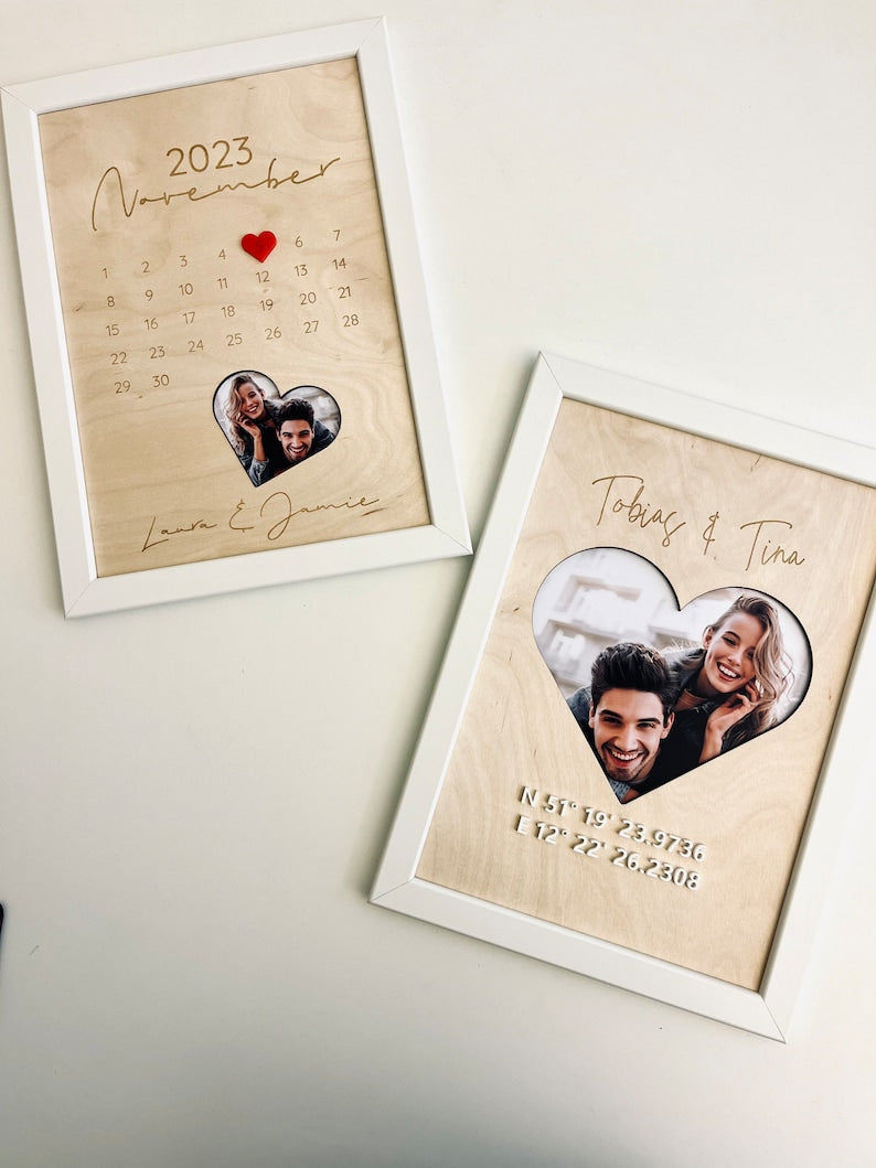 From the heart: picture with coordinates made of wood for a couple photo and - Valentine's Day