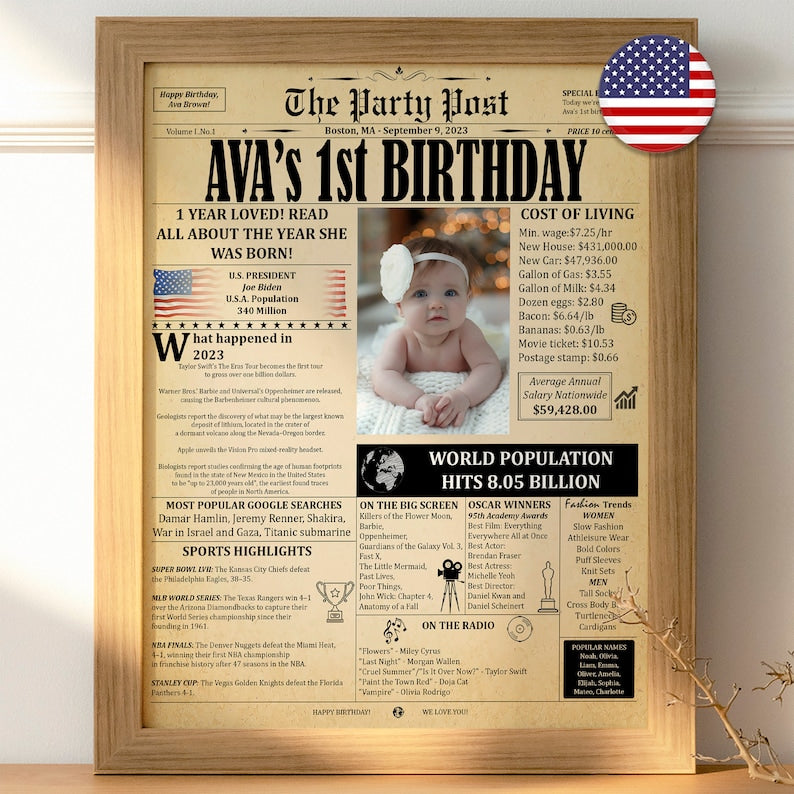 First Birthday Gift, One Year Old Boy Or Girl Gift, 1st Birthday Newspaper,  First Birthday Decorations, Baby 1st Birthday Personalized Gift