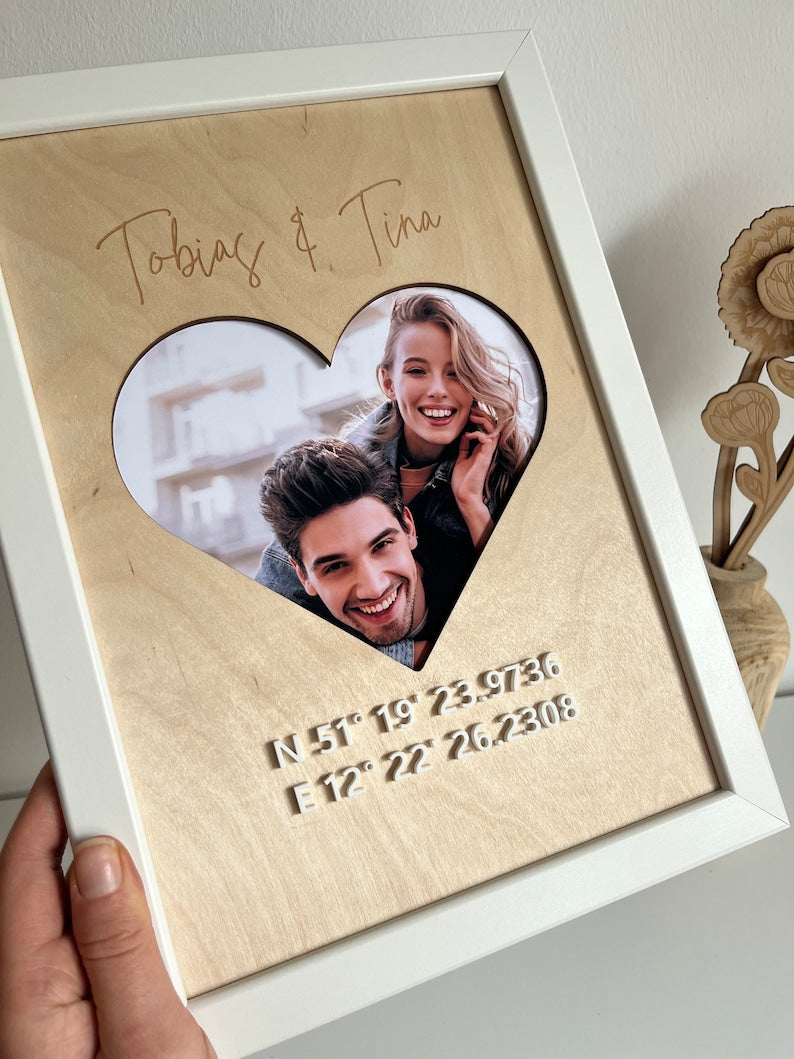 From the heart: picture with coordinates made of wood for a couple photo and - Valentine's Day