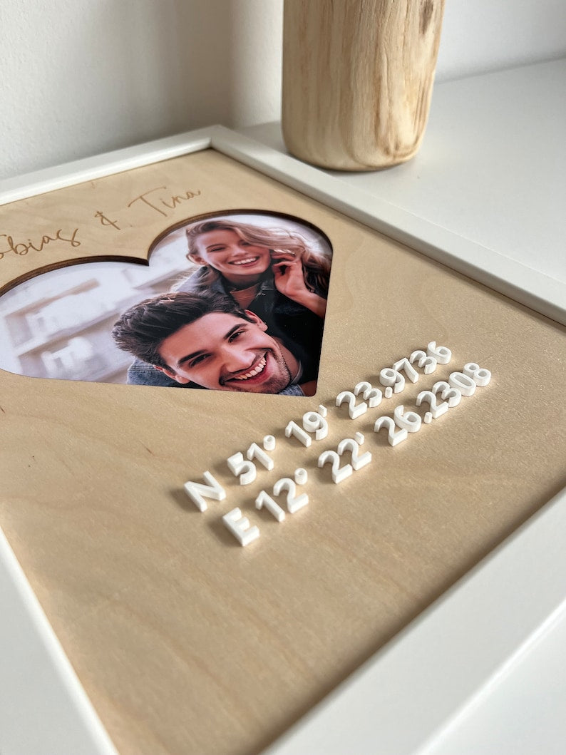 From the heart: picture with coordinates made of wood for a couple photo and - Valentine's Day