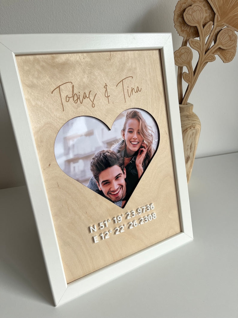 From the heart: picture with coordinates made of wood for a couple photo and - Valentine's Day