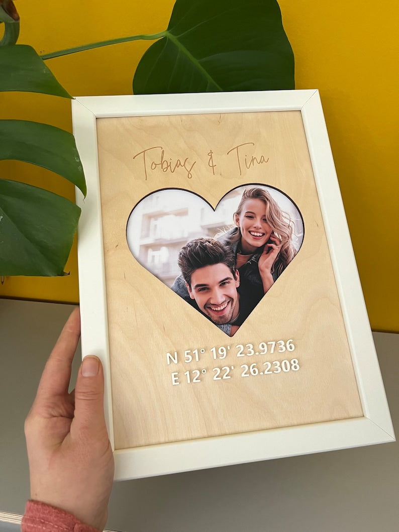 From the heart: picture with coordinates made of wood for a couple photo and - Valentine's Day