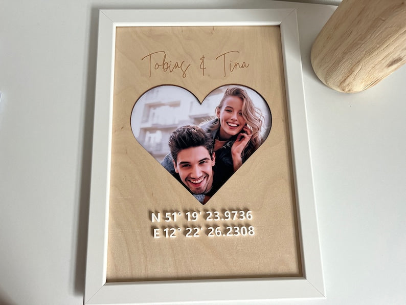 From the heart: picture with coordinates made of wood for a couple photo and - Valentine's Day